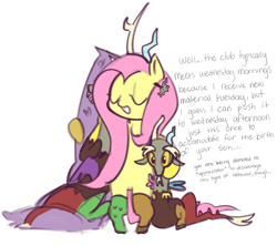 Size: 2015x1786 | Tagged: safe, artist:vilesmell, discord, fluttershy, g4, body pillow, crush plush, implied discoshy, implied shipping, implied straight, plushie, simple background, white background
