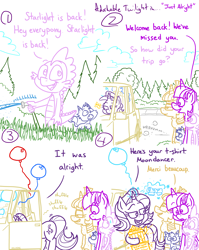Size: 4779x6013 | Tagged: safe, artist:adorkabletwilightandfriends, moondancer, spike, starlight glimmer, twilight sparkle, oc, oc:pinenut, alicorn, butterfly, cat, pony, comic:adorkable twilight and friends, g4, adorkable, adorkable twilight, automobile, balloon, bending, bent over, butt, car, clothes, cloud, comic, cute, dork, driving, excited, eyes on the prize, french, friendship, glasses, glimmer glutes, grass, happy, holding, hose, humor, kite, looking at each other, looking at someone, looking away, magic, pleased, plot, shirt, slice of life, smiling, surprised, surprised face, t-shirt, trophy, twilight sparkle (alicorn), visual gag, volvo, water, watering