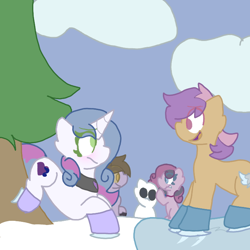 Size: 720x720 | Tagged: safe, oc, oc only, oc:kidd, oc:raspberry ricochet, oc:skooter, oc:sugar melody, earth pony, goat, pony, unicorn, skating, snow