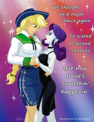 Size: 720x937 | Tagged: safe, artist:texasuberalles, applejack, rarity, human, equestria girls 10th anniversary, equestria girls, g4, bolo tie, bracelet, braid, choker, clothes, cowboy hat, dancing, dress, duo, duo female, female, hat, hey ocean!, jewelry, lesbian, looking at each other, looking at someone, lyrics, ship:rarijack, shipping, skirt, smiling, song reference, sparkles, text, voice actor joke