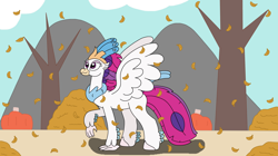 Size: 3264x1833 | Tagged: safe, artist:supahdonarudo, queen novo, classical hippogriff, hippogriff, g4, my little pony: the movie, autumn, cloud, leaf, leaf pile, leaves, looking up, mountain, mountain range, pumpkin, solo, tree, walking