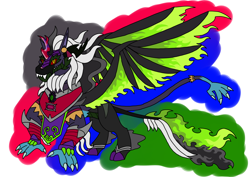 Size: 1414x1000 | Tagged: safe, artist:zetikoopa, ahuizotl, pony of shadows, oc, oc:dark havok, oc:keiran, oc:phantom infinite, g4, fiery wings, fire, fusion, fusion:ahuizotl, fusion:dark havok, fusion:phantom infinite, fusion:pony of shadows, male, simple background, tail, tail hand, tail of fire, white background, wings