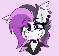 Size: 2104x2000 | Tagged: safe, artist:nekro-led, oc, oc only, oc:moonstone, bat pony, bust, choker, ear piercing, eyeshadow, fangs, heart, heart eyes, high res, looking at you, makeup, piercing, purple background, simple background, smiling, smiling at you, solo, spiked choker, wingding eyes