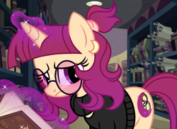 Size: 1483x1080 | Tagged: safe, artist:cstrawberrymilk, oc, oc only, pony, g4, book, bookshelf, canterlot library, clothes, female, glasses, magic, mare, solo, turtleneck