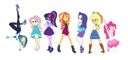 Size: 3706x1752 | Tagged: safe, artist:calmbreezes, applejack, fluttershy, pinkie pie, rainbow dash, rarity, sci-twi, sunset shimmer, twilight sparkle, human, equestria girls, g4, my little pony equestria girls: better together, arms in the air, belt, boots, bowtie, breasts, clothes, converse, cowboy hat, denim, denim skirt, female, freckles, glasses, hair, hairpin, hand on hip, hand stand, hat, hoodie, humane five, humane seven, humane six, leaning forward, leather, leather vest, leggings, line-up, looking back, ponytail, pose, rarity peplum dress, shirt, shoes, simple background, skirt, sleeveless, smiling, sweater, t-shirt, tank top, teenager, top, transparent background, upside down, vest, wristband