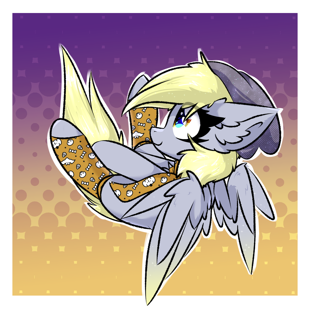 [beanie,clothes,derpy hooves,female,hat,mare,pegasus,pony,safe,socks,solo,wings,ear fluff,gradient background,gradient wings,abstract background,colored wings,artist:jubyskylines,passepartout]