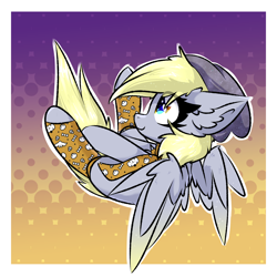 Size: 2000x2000 | Tagged: safe, artist:jubyskylines, derpy hooves, pegasus, pony, g4, abstract background, beanie, clothes, colored wings, ear fluff, female, gradient background, gradient wings, hat, high res, mare, passepartout, socks, solo, wings