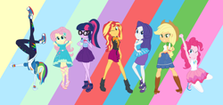 Size: 3706x1752 | Tagged: safe, artist:calmbreezes, applejack, fluttershy, pinkie pie, rainbow dash, rarity, sci-twi, sunset shimmer, twilight sparkle, human, equestria girls, g4, belt, boots, bowtie, breasts, clothes, converse, cowboy hat, denim, denim skirt, female, freckles, glasses, group, hair, hairpin, hand on hip, hand stand, hat, high res, hoodie, humane five, humane seven, humane six, jacket, leather, leather vest, leggings, line-up, o mouth, ponytail, pose, rarity peplum dress, septet, shirt, shoes, skirt, sleeveless, smiling, sweater, t-shirt, tank top, teenager, top, upside down, vest, wristband