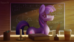 Size: 3840x2160 | Tagged: safe, artist:pegasusyay, twilight sparkle, pony, unicorn, g4, book, candle, chalkboard, high res, inkwell, quill, sad, solo, table, unicorn twilight, wood, wooden floor
