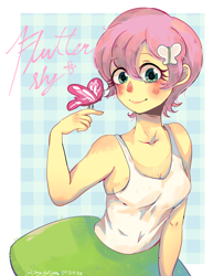 Size: 1124x1385 | Tagged: safe, artist:googlyeyesart, fluttershy, butterfly, human, equestria girls, g4, alternate hairstyle, blushing, breasts, cleavage, female, name, passepartout, short hair, solo