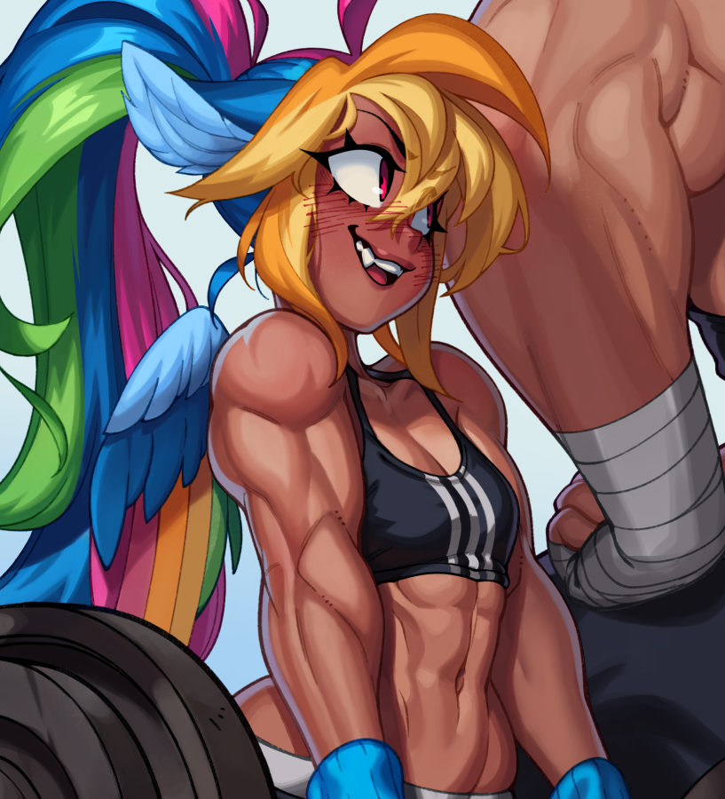 [alternate hairstyle,applejack,belly button,breasts,clothes,delicious flat chest,eared humanization,female,human,humanized,meme,muscles,ponytail,rainbow dash,safe,shading,sports bra,sweat,weight lifting,weights,winged humanization,wings,wip,solo focus,rainbuff dash,looking up,applejacked,small breasts,red face,rainbow wings,multicolored wings,adidas,colored wings,offscreen character,rainbow flat,moderate dark skin,muscular female,artist:tangobat,medium support]