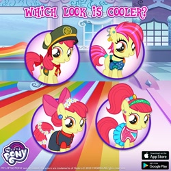 Size: 1080x1080 | Tagged: safe, gameloft, apple bloom, earth pony, pony, g4, alternate clothes, alternate hairstyle, clothes, dress, ear piercing, female, filly, filly guides, flower, flower in hair, flower in tail, foal, hat, headband, piercing, solo, tail, text