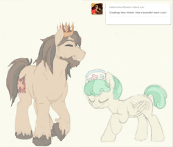 Size: 985x834 | Tagged: safe, artist:asknursenimble, oc, oc:nurse nimble, oc:stonehoof bastion, earth pony, pegasus, pony, crown, female, jewelry, male, mare, regalia, stallion, tumblr:ask nurse nimble