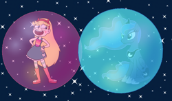 Size: 1228x720 | Tagged: source needed, safe, artist:istilllikegamecubes, edit, princess luna, alicorn, human, pony, g4, bubble, crossover, cute, disney, disney princess, duo, female, in bubble, magic bubble, mewman, night, soap bubble, star butterfly, star vs the forces of evil, stars