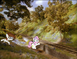 Size: 936x720 | Tagged: safe, artist:dashiesparkle, artist:lockhe4rt, pipsqueak, sweetie belle, earth pony, pony, unicorn, g4, bag, bluebell valley, blushing, colt, cute, date, dating, dialogue in the description, duo, female, filly, foal, male, saddle bag, ship:sweetiesqueak, shipping, story included, straight, thomas and friends, thomas the tank engine, tree