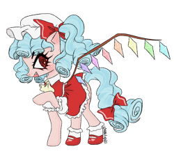 Size: 2094x1815 | Tagged: safe, artist:cozyglow, cozy glow, pegasus, pony, undead, vampire, vampony, g4, blue hair, clothes, cosplay, costume, cozybetes, crossover, cute, dress, fangs, female, filly, flandre scarlet, foal, hat, ponytail, race swap, red dress, red eyes, ruffles, simple background, skirt, smiling, solo, touhou, transparent background