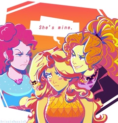 Size: 1235x1287 | Tagged: safe, artist:drizzledazzle, adagio dazzle, pinkie pie, sunset shimmer, human, equestria girls, equestria girls specials, g4, my little pony equestria girls: better together, my little pony equestria girls: sunset's backstage pass, female, lesbian, love triangle, ship:sunsagio, ship:sunsetpie, shipping