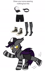 Size: 1122x1784 | Tagged: safe, artist:lostbrony, oc, oc only, oc:specter, bat pony, pony, blushing, cap, choker, clothes, converse, ear tufts, embarrassed, fangs, hat, male, meme, shoes, simple background, sneakers, socks, solo, stallion, striped socks, studded choker, underwear, white background
