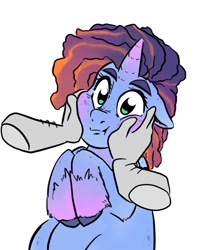 Size: 722x840 | Tagged: safe, artist:smirk, misty brightdawn, human, pony, unicorn, g5, alternate hairstyle, cheek squish, cute, disembodied hand, female, floppy ears, freckles, hand, mare, mistybetes, rebirth misty, simple background, squishy cheeks, thick eyebrows, unshorn fetlocks, white background