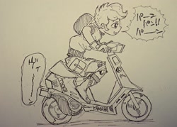 Size: 2048x1463 | Tagged: safe, artist:daisymane, scootaloo, human, g4, female, humanized, japanese, monochrome, moped, solo, speech bubble, traditional art