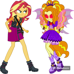 Size: 1080x1080 | Tagged: safe, artist:mixiepie, edit, edited screencap, editor:cutler1228, screencap, adagio dazzle, sunset shimmer, human, equestria girls, g4, my little pony equestria girls: better together, angry, belt, boots, clothes, cowboy hat, duo, evil smile, female, frown, glare, glasses, gloves, grin, hair, hairband, high heel boots, leather, leather vest, shirt, shoes, simple background, skirt, smiling, smirk, socks, teenager, top, transparent background, vest