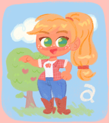 Size: 1655x1864 | Tagged: safe, artist:shugrcube, applejack, human, g4, apple, apple tree, boots, clothes, cowboy boots, denim, eyebrows, eyebrows visible through hair, female, humanized, jeans, looking at you, open mouth, open smile, pants, plaid shirt, ponytail, shirt, shoes, smiling, smiling at you, solo, tree, wide hips