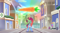 Size: 3072x1727 | Tagged: safe, screencap, misty brightdawn, pony, unicorn, attack of the bunnisus, g5, my little pony: tell your tale, spoiler:g5, spoiler:my little pony: tell your tale, spoiler:tyts01e61, carrot, female, food, magic, mare, open mouth, open smile, rebirth misty, smiling, solo, telekinesis