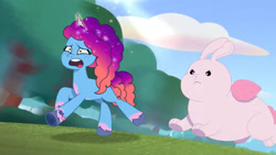 Size: 3072x1727 | Tagged: safe, screencap, misty brightdawn, bunnisus, pony, rabbit, unicorn, attack of the bunnisus, g5, my little pony: tell your tale, spoiler:g5, spoiler:my little pony: tell your tale, spoiler:tyts01e61, animal, duo, female, frown, magic, mare, open mouth, rebirth misty, running, telekinesis