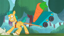 Size: 3072x1727 | Tagged: safe, screencap, hitch trailblazer, earth pony, pony, attack of the bunnisus, g5, my little pony: tell your tale, spoiler:g5, spoiler:my little pony: tell your tale, spoiler:tyts01e61, carrot, food, frown, male, solo, stallion, sweat, sweatdrop, 🥕