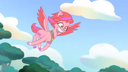 Size: 3072x1727 | Tagged: safe, screencap, windy, pegasus, pony, attack of the bunnisus, g5, my little pony: tell your tale, spoiler:g5, spoiler:my little pony: tell your tale, spoiler:tyts01e61, female, flying, grin, mare, smiling, solo, spread wings, wings