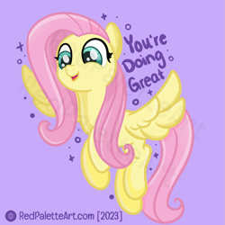 Size: 1500x1500 | Tagged: safe, artist:redpalette, fluttershy, pony, g4, 2023, cute, digital art, flying, happy, motivational poster, purple background, simple background, smiling, solo, spread wings, watermark, wings