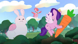 Size: 3072x1727 | Tagged: safe, screencap, pipp petals, windy, bunnisus, pegasus, pony, rabbit, attack of the bunnisus, g5, my little pony: tell your tale, spoiler:g5, spoiler:my little pony: tell your tale, spoiler:tyts01e61, animal, carrot, female, flying, food, frown, mare, open mouth, spread wings, trio, wings