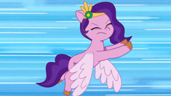 Size: 3072x1727 | Tagged: safe, screencap, pipp petals, pegasus, pony, attack of the bunnisus, g5, my little pony: tell your tale, spoiler:g5, spoiler:my little pony: tell your tale, spoiler:tyts01e61, eyes closed, female, flying, frown, mare, solo, spread wings, wings