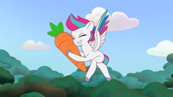 Size: 3072x1727 | Tagged: safe, screencap, zipp storm, pegasus, pony, attack of the bunnisus, g5, my little pony: tell your tale, spoiler:g5, spoiler:my little pony: tell your tale, spoiler:tyts01e61, carrot, eyes closed, female, flying, food, grin, mare, smiling, solo, spread wings, wings
