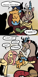 Size: 2344x4728 | Tagged: safe, artist:mod, discord, fluttershy, oc, oc:poly, draconequus, hybrid, original species, pegasus, pony, g4, 2 panel comic, biting, comic, cute, dialogue, discord being discord, discute, duo, duo male and female, female, hair bite, high res, male, mare, pet oc, speech bubble