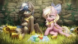 Size: 4533x2550 | Tagged: safe, artist:inowiseei, oc, oc only, oc:bay breeze, oc:cloud zapper, pegasus, pony, armor, bow, cupcake, duo, duo male and female, eyebrows, female, folded wings, food, grass, guardsmare, hair bow, high res, hoof shoes, male, mare, muffin, oc x oc, open mouth, outdoors, pegasus oc, picnic, picnic blanket, royal guard, shipping, signature, sitting, stallion, straight, wings