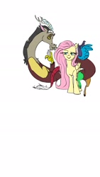 Size: 1080x1920 | Tagged: safe, artist:eversowillow, discord, fluttershy, draconequus, pegasus, pony, g4, bedroom eyes, devious smile, female, floating, lidded eyes, lip bite, looking at each other, looking at someone, male, mischievous, phone background, ship:discoshy, shipping, simple background, standing, straight, white background