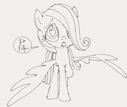 Size: 955x805 | Tagged: safe, artist:dotkwa, fluttershy, pegasus, pony, g4, captain obvious, cute, daaaaaaaaaaaw, dialogue, female, filly, filly fluttershy, foal, gray background, grayscale, hair over one eye, monochrome, shyabetes, simple background, sketch, solo, speech bubble, talking to viewer, younger