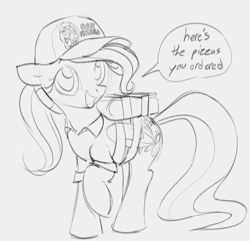 Size: 1012x975 | Tagged: safe, artist:dotkwa, fluttershy, oc, oc:pon-pushka, pegasus, pony, g4, alternate hairstyle, baseball cap, cap, clothes, cyrillic, dialogue, ears back, female, food, gray background, grayscale, hat, mare, monochrome, pizza, pizza delivery, pon-pushka, ponytail, simple background, sketch, solo, speech bubble, talking to viewer, uniform