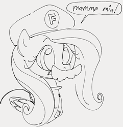 Size: 666x692 | Tagged: safe, artist:dotkwa, fluttershy, pegasus, pony, g4, cap, clothes, cosplay, costume, cute, fake moustache, female, gray background, grayscale, hat, mama mia, mare, monochrome, overalls, shyabetes, simple background, sketch, solo, super mario bros.