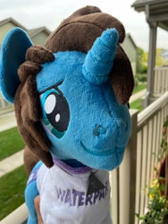 Size: 1536x2048 | Tagged: safe, artist:xpenglee_, pony, unicorn, clothes, commission, geoff wigington, horn, irl, jewelry, male, necklace, nose piercing, photo, piercing, plushie, ponified, shirt, stallion, t-shirt, waterparks