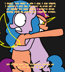 Size: 3023x3351 | Tagged: safe, artist:professorventurer, izzy moonbow, sunny starscout, alicorn, pony, unicorn, series:ask pippamena, g5, angry, butt, crying, female, high res, holding back, implied king sombra, mane stripe sunny, mare, plot, race swap, sunnycorn, tears of anger, yellow eyes