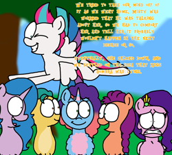 Size: 3351x3023 | Tagged: safe, artist:professorventurer, hitch trailblazer, izzy moonbow, misty brightdawn, pipp petals, sunny starscout, zipp storm, earth pony, pegasus, pony, unicorn, series:ask pippamena, g5, chest fluff, comforting, female, flying, headband, high res, male, mane five, mane six (g5), mare, one eye closed, one of these things is not like the others, pipp is short, rebirth misty, stallion, traumatized, wink, worried