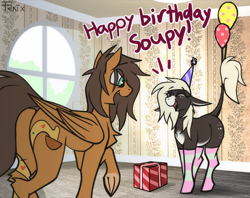Size: 1974x1560 | Tagged: safe, artist:fenixdust, oc, oc only, oc:pepper, oc:souplish, donkey, pegasus, pony, balloon, birthday, butt, chest fluff, clothes, colored, concave belly, cute, duo, eye clipping through hair, eyebrows, eyebrows visible through hair, female, fenixdust didn't use hockless socks, floppy ears, folded wings, happy, happy birthday, hat, male, ocbetes, open mouth, pale belly, party hat, physique difference, plot, present, quadrupedal, raised hoof, slender, socks, standing, striped socks, thin, underhoof, window, wings