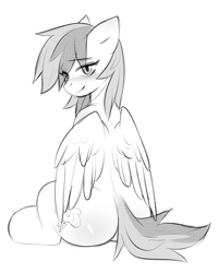 Size: 1924x2404 | Tagged: safe, artist:ggashhhhissh, rainbow dash, pegasus, pony, g4, blushing, butt, butt blush, cute, female, looking at you, looking back, looking back at you, mare, monochrome, partially open wings, plot, rainbutt dash, simple background, sitting, sketch, solo, white background, wings