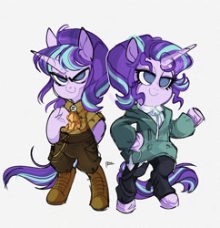 Size: 1420x1465 | Tagged: safe, artist:disaterror, starlight glimmer, pony, unicorn, semi-anthro, g4, arm hooves, boots, chibi, clothes, duality, hoodie, lidded eyes, pants, s5 starlight, shirt, shoes, smiling, unshorn fetlocks