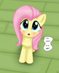 Size: 3091x3838 | Tagged: safe, artist:lennondash, fluttershy, pegasus, pony, g4, blushing, cute, daaaaaaaaaaaw, description is relevant, female, high angle, high res, looking at you, looking up, looking up at you, mare, open mouth, shyabetes, solo, speech bubble, sternocleidomastoid, stuttering, talking to viewer, tiled floor