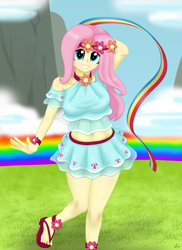 Size: 2975x4092 | Tagged: safe, artist:lennondash, fluttershy, human, equestria girls, g4, rainbow falls, adorasexy, arm behind head, belly button, breasts, busty fluttershy, clothes, cloud, cute, equestria girls interpretation, feet, female, floral head wreath, flower, grin, high res, looking at you, midriff, rainbow, rainbow falls (location), sandals, scene interpretation, see-through, sexy, shyabetes, skirt, smiling, solo, stupid sexy fluttershy