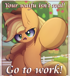 Size: 2400x2600 | Tagged: safe, artist:miryelis, applejack, earth pony, pony, g4, angry, applejack's hat, brutal honesty, cowboy hat, female, garden, hat, high res, long hair, looking at you, mare, meme, raised hoof, reality sucks, solo, text, truth, waifu