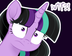 Size: 1716x1344 | Tagged: safe, artist:lunerymish, oc, oc only, oc:twivine sparkle, alicorn, pony, base used, black background, female, mare, simple background, solo, unamused, wtf